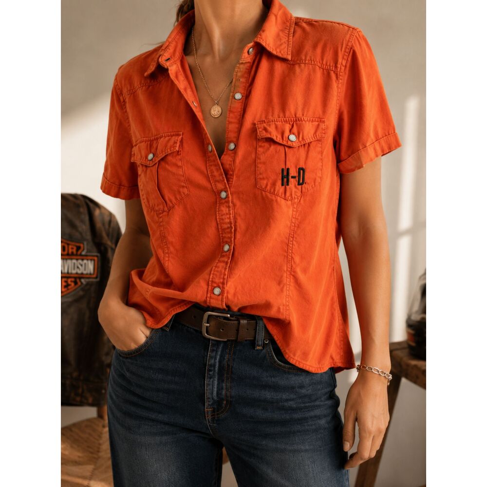 Harley Davidson Orange Button Up Shirt Women's Size Large Biker
